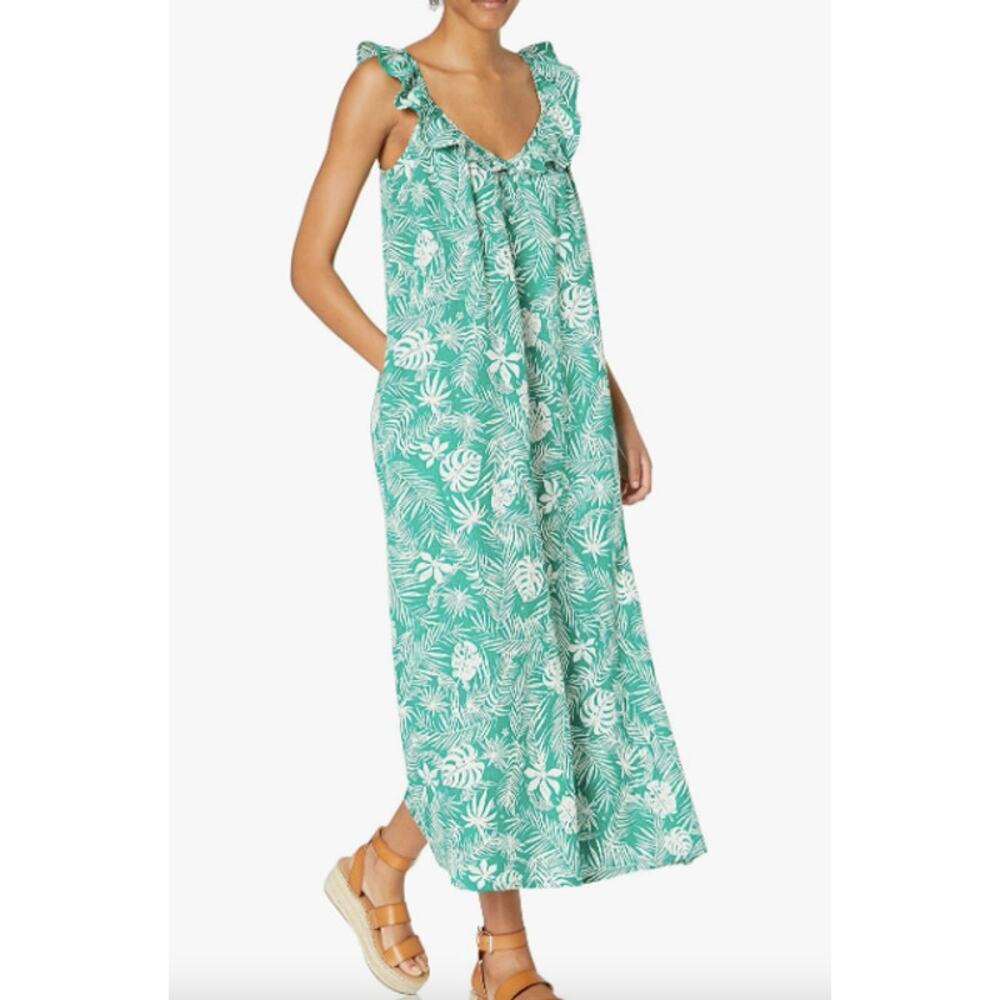 Grace Atwood The Drop Sz 3XL Green White Floral Sleeveless Maxi Dress Ruffles